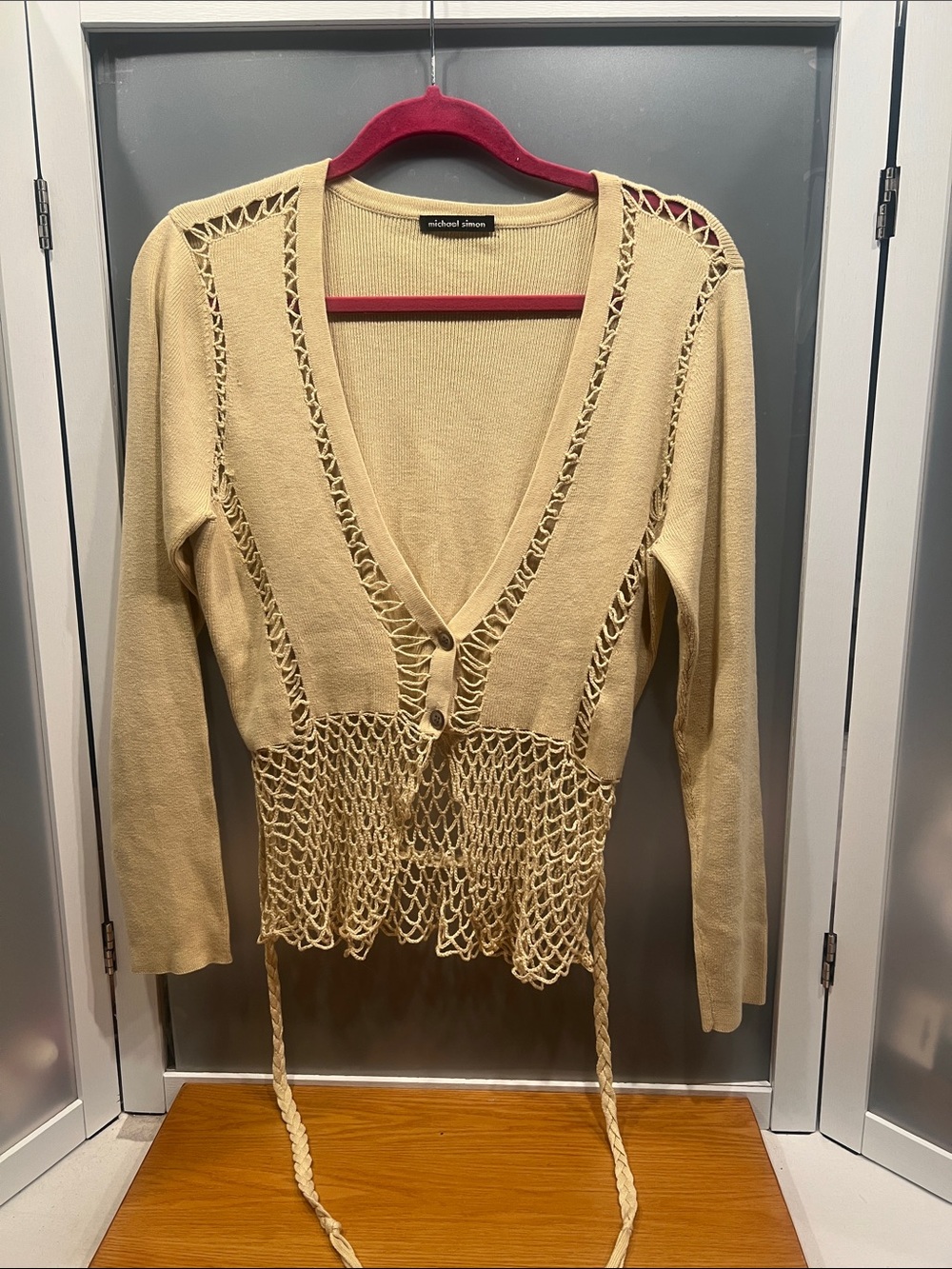 Michael Simon silk angora blend sweater 2 button fish net boho chic M